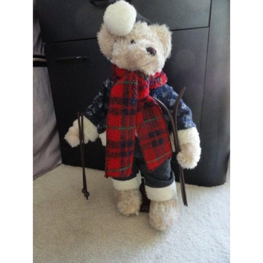 Vtg Plush Teddy Bear With Alpine Snow Skis & Poles 18″ Winter Scarf Stocking Cap